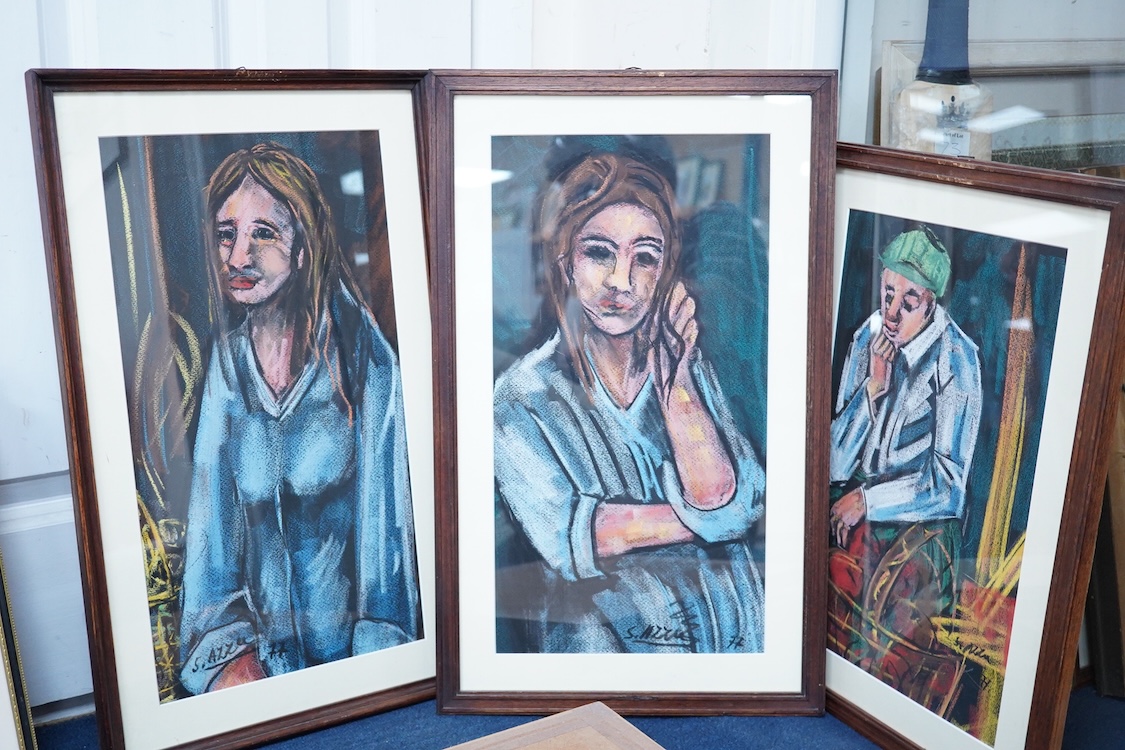 Salvatore Azzu (Italian, 1924-2004), Portrait studies, set of six mixed media and pastels, each signed and dated '77, largest 46 x 24cm